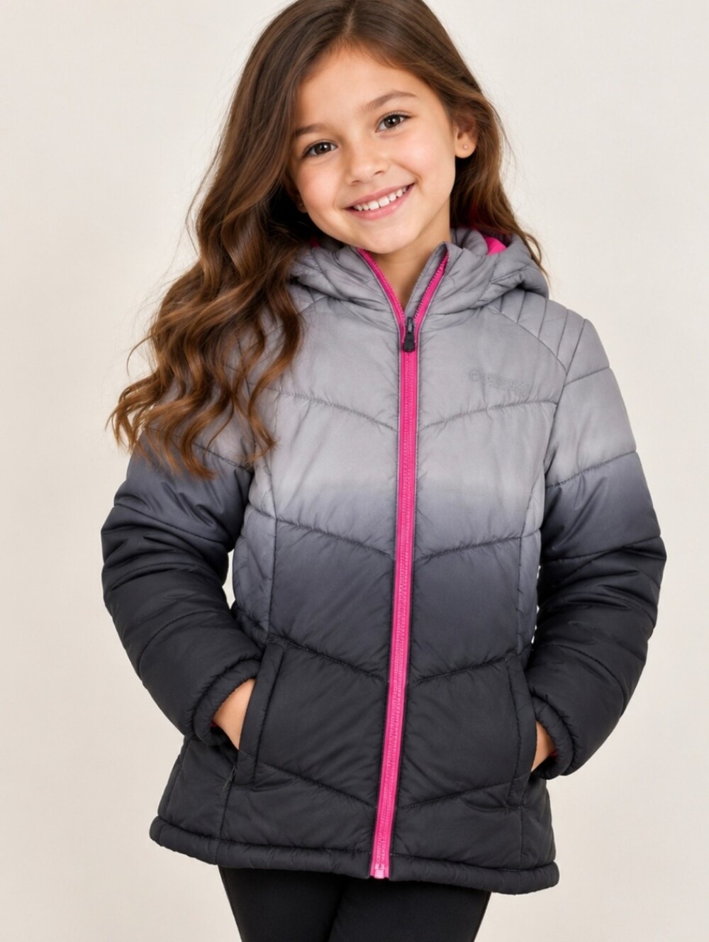 Magellan Outdoors Girls L (12-14) Gray Black Puffer Jacket Pink Zip Hood